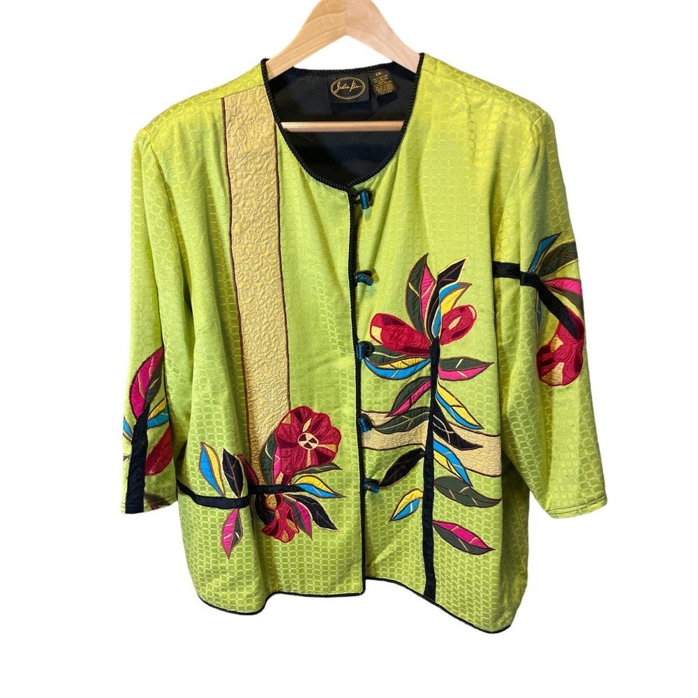 Julia Kim Yellow Green Floral Embroidered Jacket Sz 1X